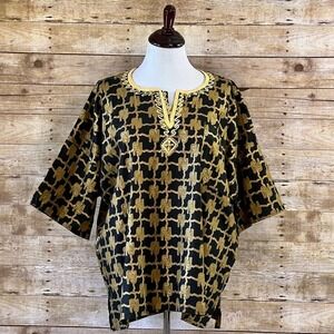 Highland Outfitters Womens Dashiki Top Black Gold Elephant Print One Size Tunic
